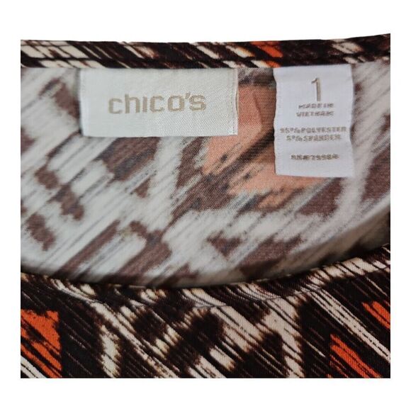 Chicos Brown Orange Ethnic Print Dolman 3/4 Sleeve Side Knot Knit Top Sz 1 - Picture 3 of 6